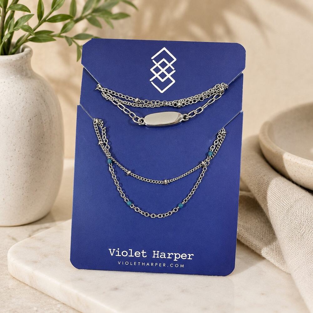 Violet Harper Layered Necklace and Bracelet Set – Silver Tone with Blue Beads